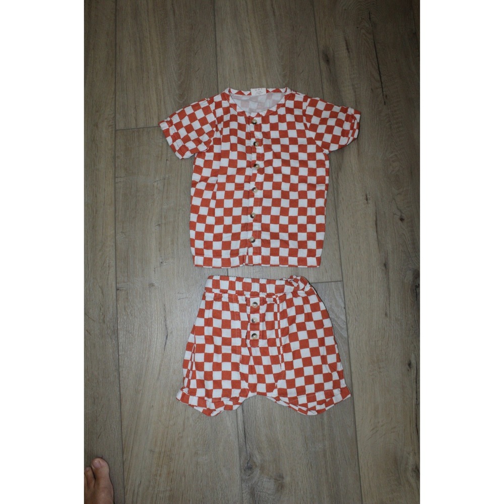 Silx Kids Orange White Checkered Organic Cotton 2 Piece Button Down Short Set 3Y